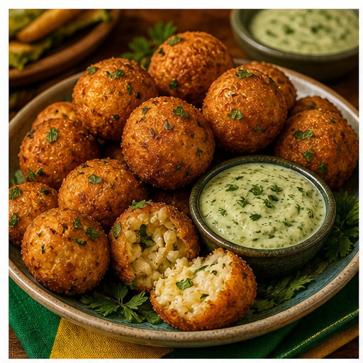 Bolinho de arroz com molho verde